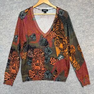 Desigual Tanzania Tiger Print Sweater Womens XL Lightweight Knit Art Floral
